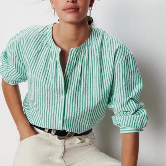 Ba&Sh Stoby long-sleeve shirt green white striped sz M - Picture 1 of 9